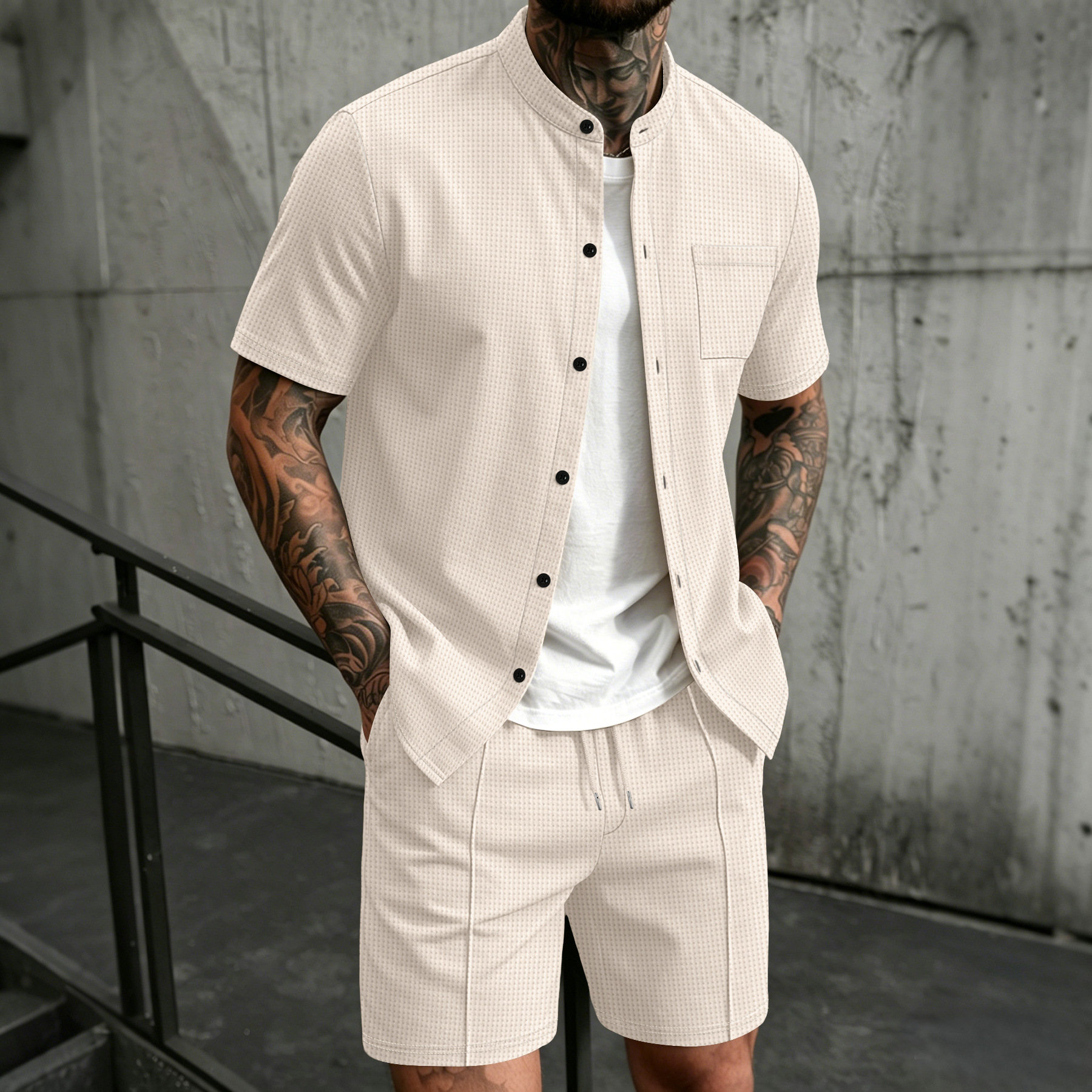 Men'S Formal Beach Wear - Men's new summer style waffle plain-color